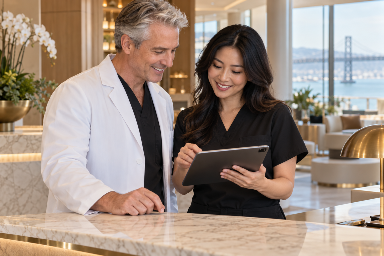 Illustrative nurse and supervising physician in a Bay Area-inspired medical-spa lobby