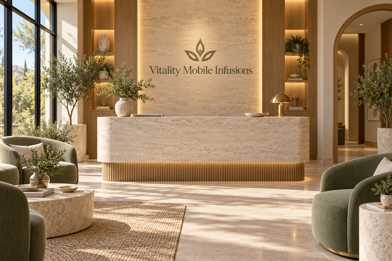 AI illustration of a fictional Vitality Mobile Infusions reception; not actual premises
