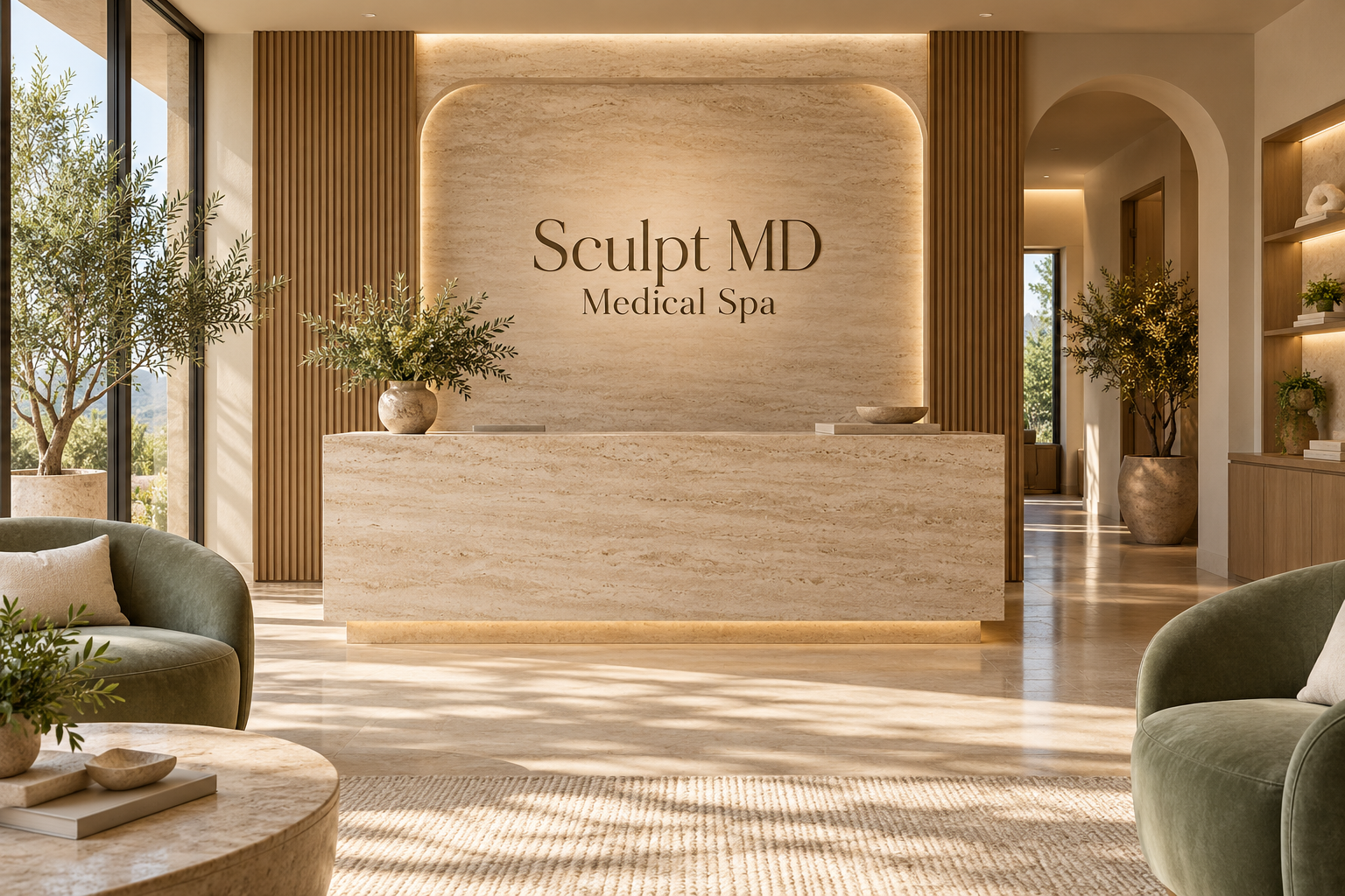 AI illustration of a fictional Sculpt MD Medical Spa reception; not actual premises