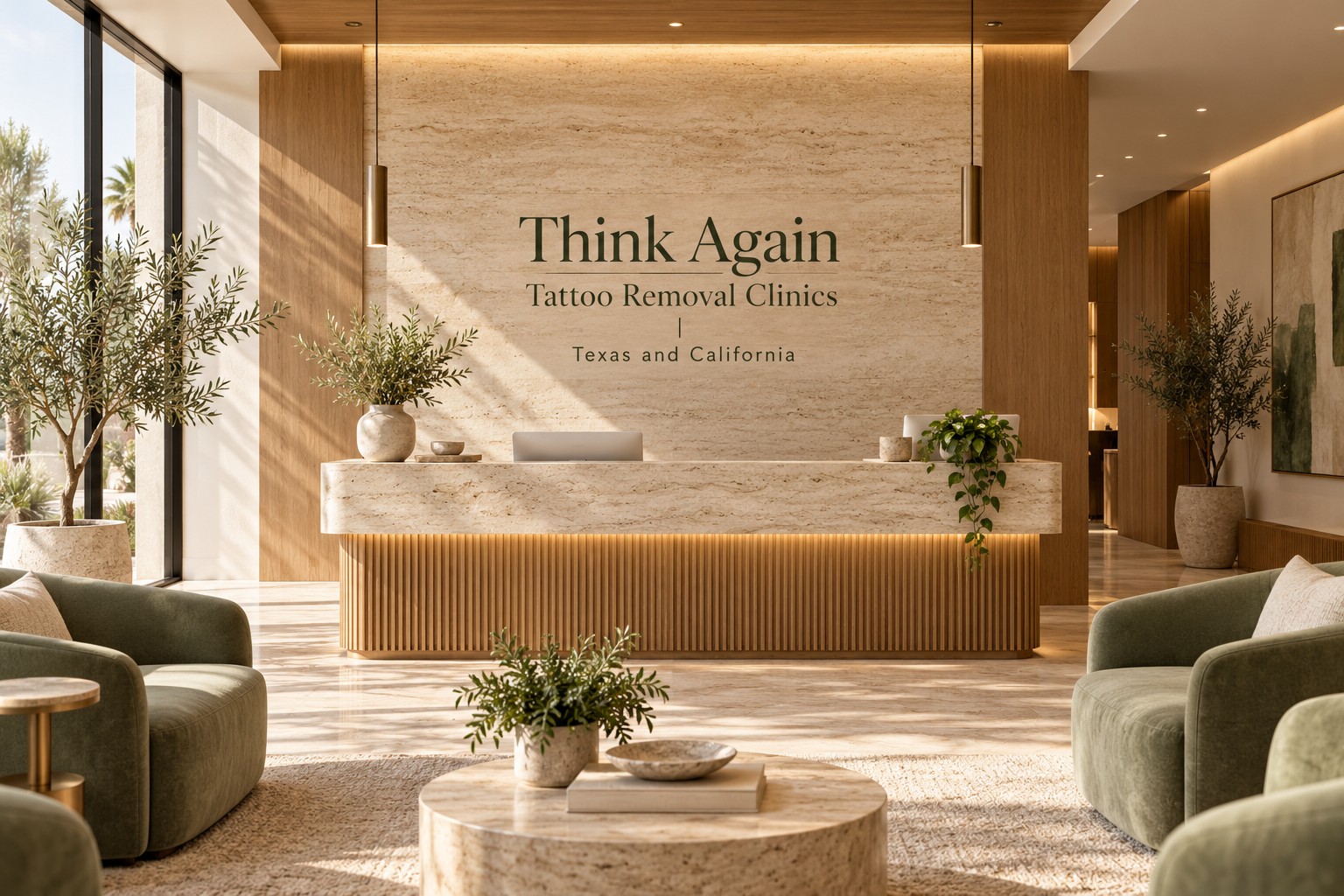 AI illustration of a fictional Think Again Tattoo Removal Clinics | Texas and California reception; not actual premises