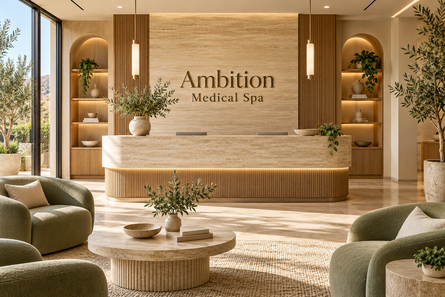 AI illustration of a fictional Ambition Medical Spa reception; not actual premises