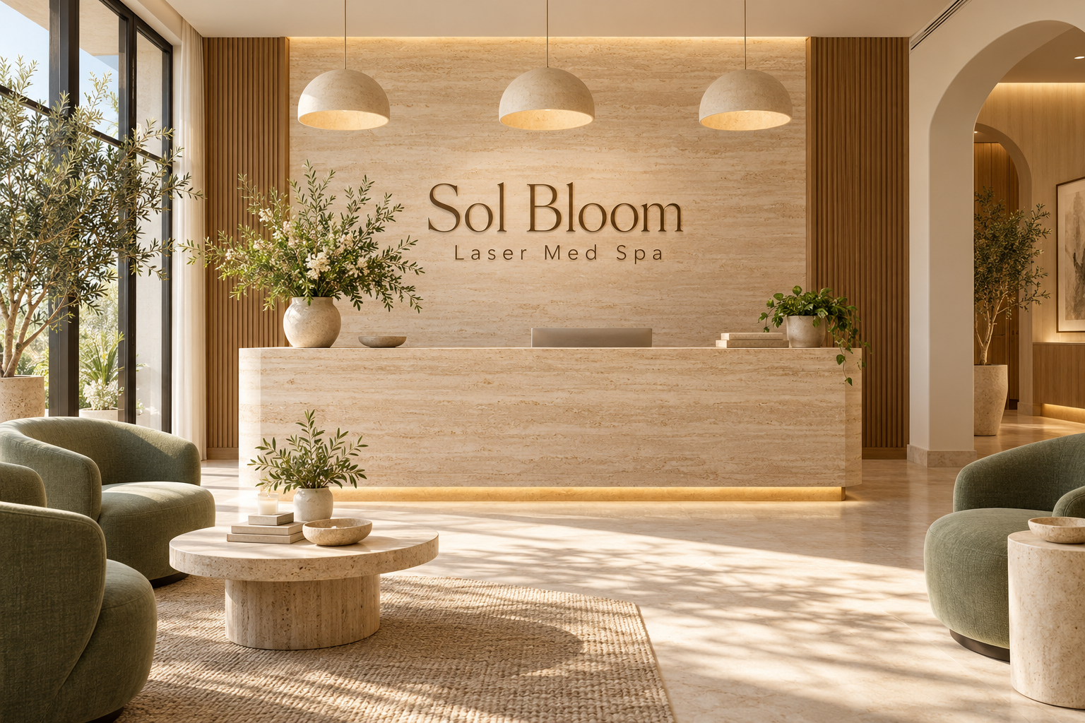 AI illustration of a fictional Sol Bloom Laser Med Spa reception; not actual premises