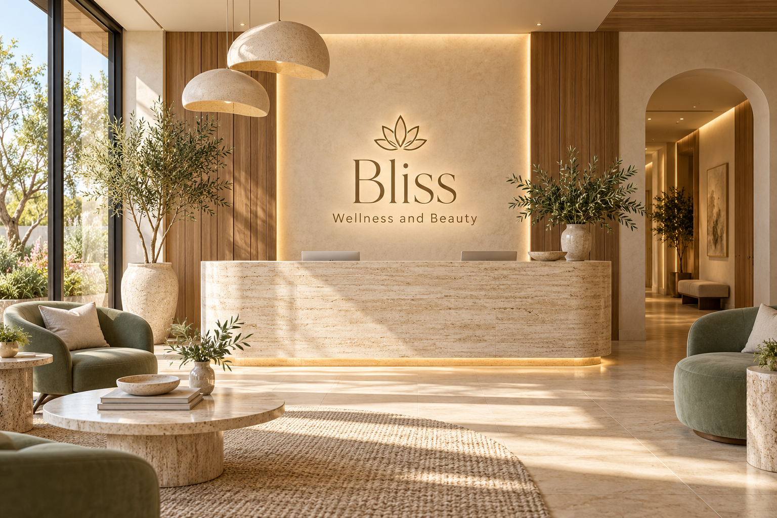 AI illustration of a fictional Bliss Wellness and Beauty reception; not actual premises