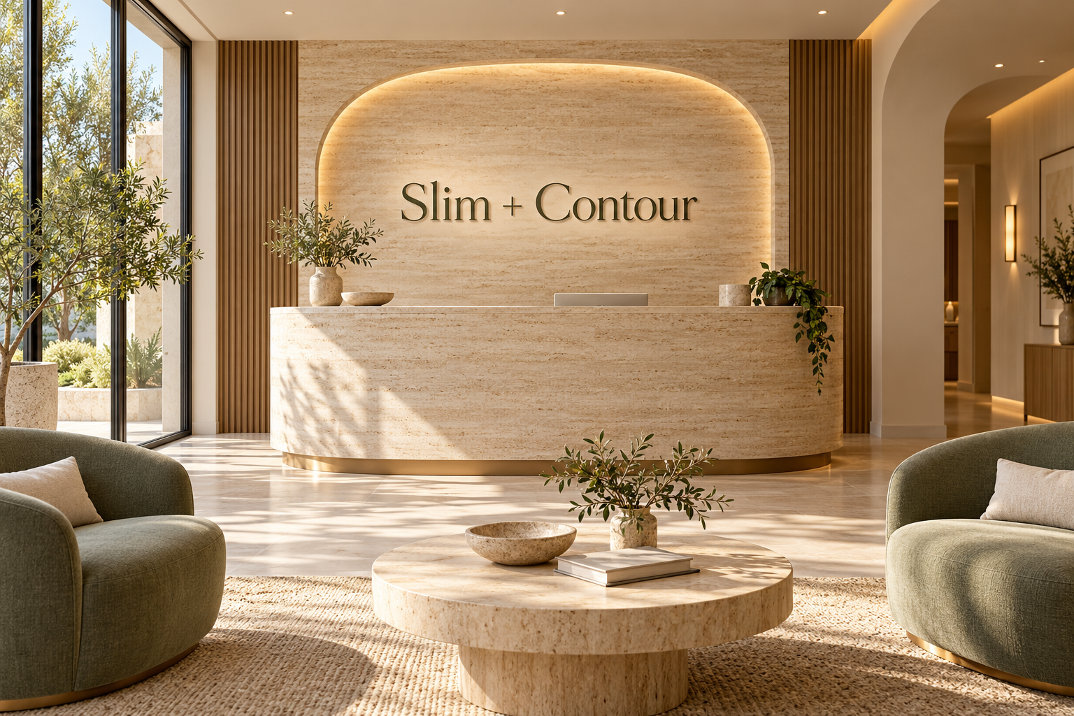 AI illustration of a fictional Slim + Contour reception; not actual premises