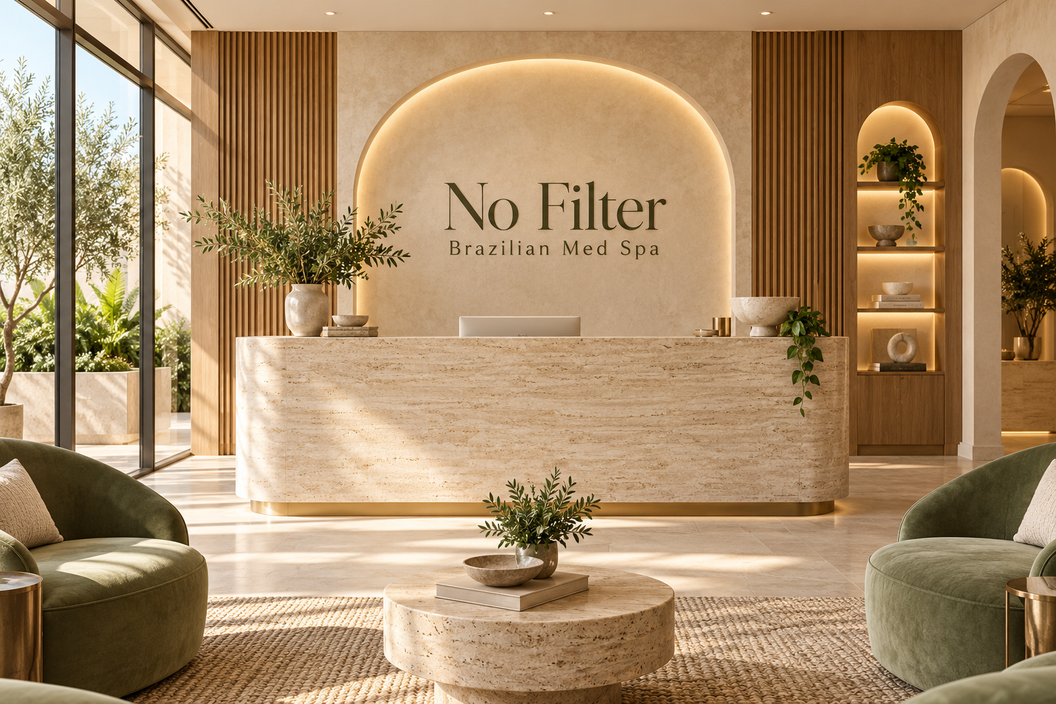 AI illustration of a fictional No Filter Brazilian Med Spa reception; not actual premises