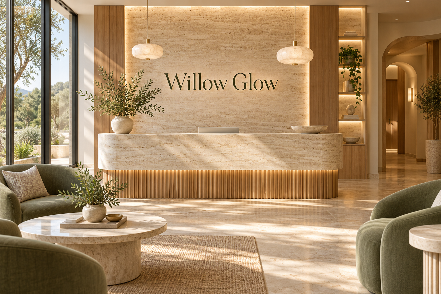 AI illustration of a fictional Willow Glow reception; not actual premises