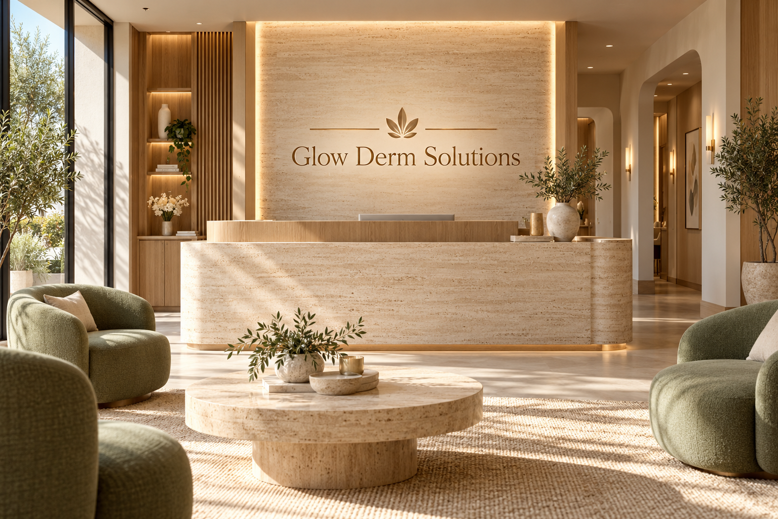 AI illustration of a fictional Glow Derm Solutions reception; not actual premises