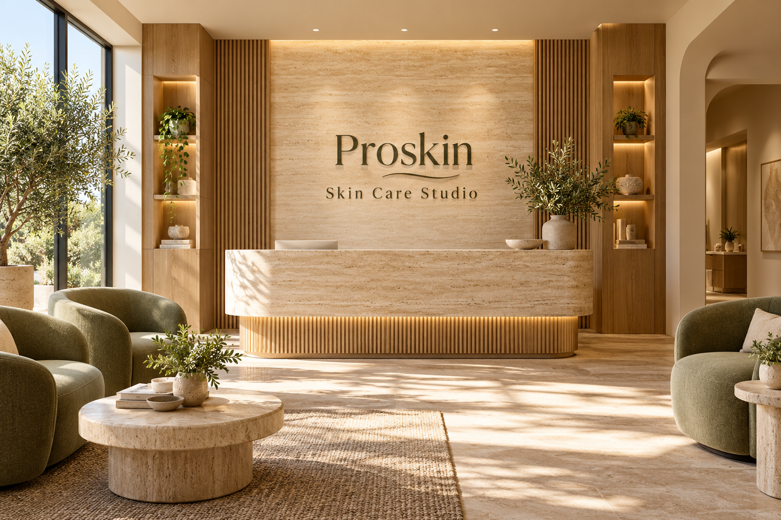 AI illustration of a fictional Proskin Skin Care Studio reception; not actual premises